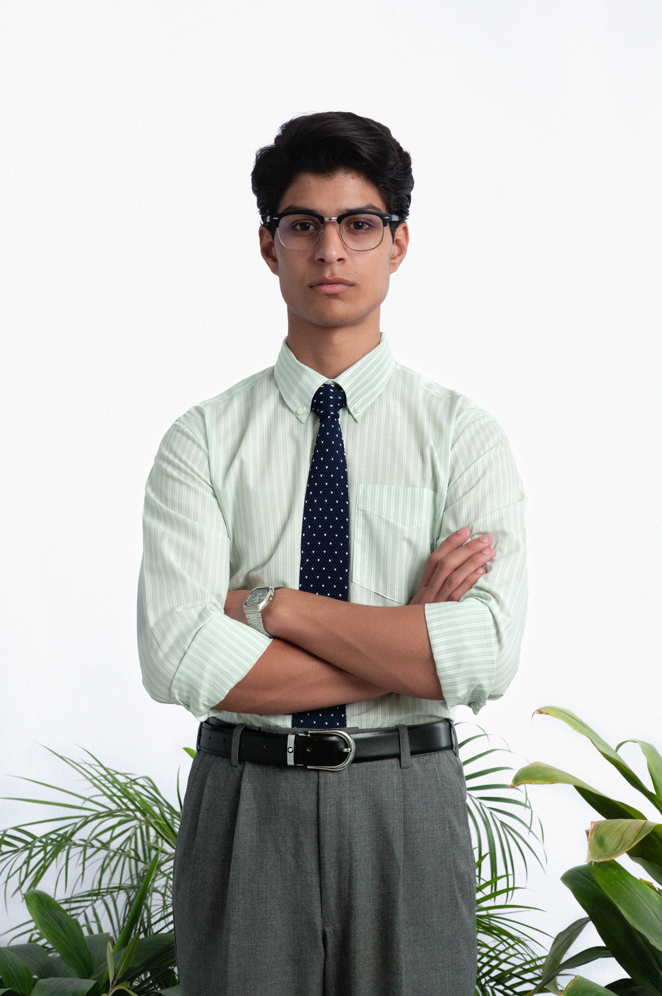 140s LUXURY GREEN WHITE POPLIN BUSINESS STRIPED SHIRT
