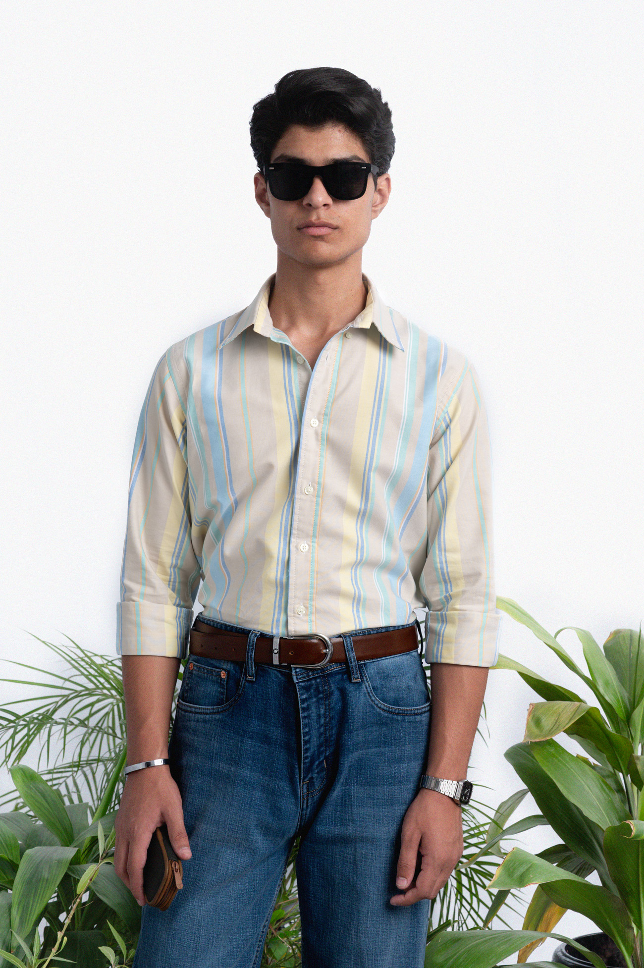120S BEIGE MULTI STRIPED OXFORD COTTON SHIRT