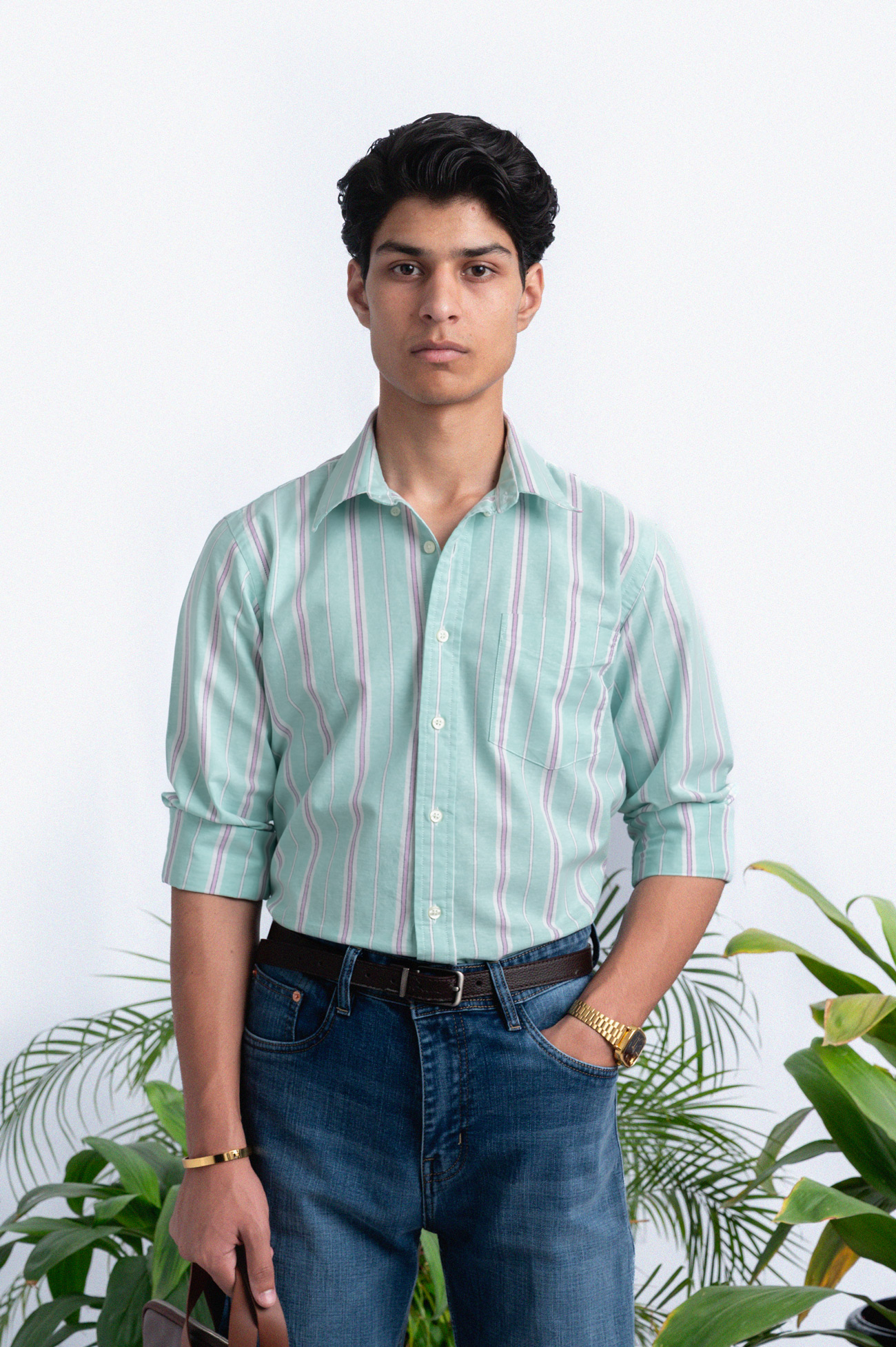 120S GREEN PINK BUSINESS CASUAL OXFORD SHIRT
