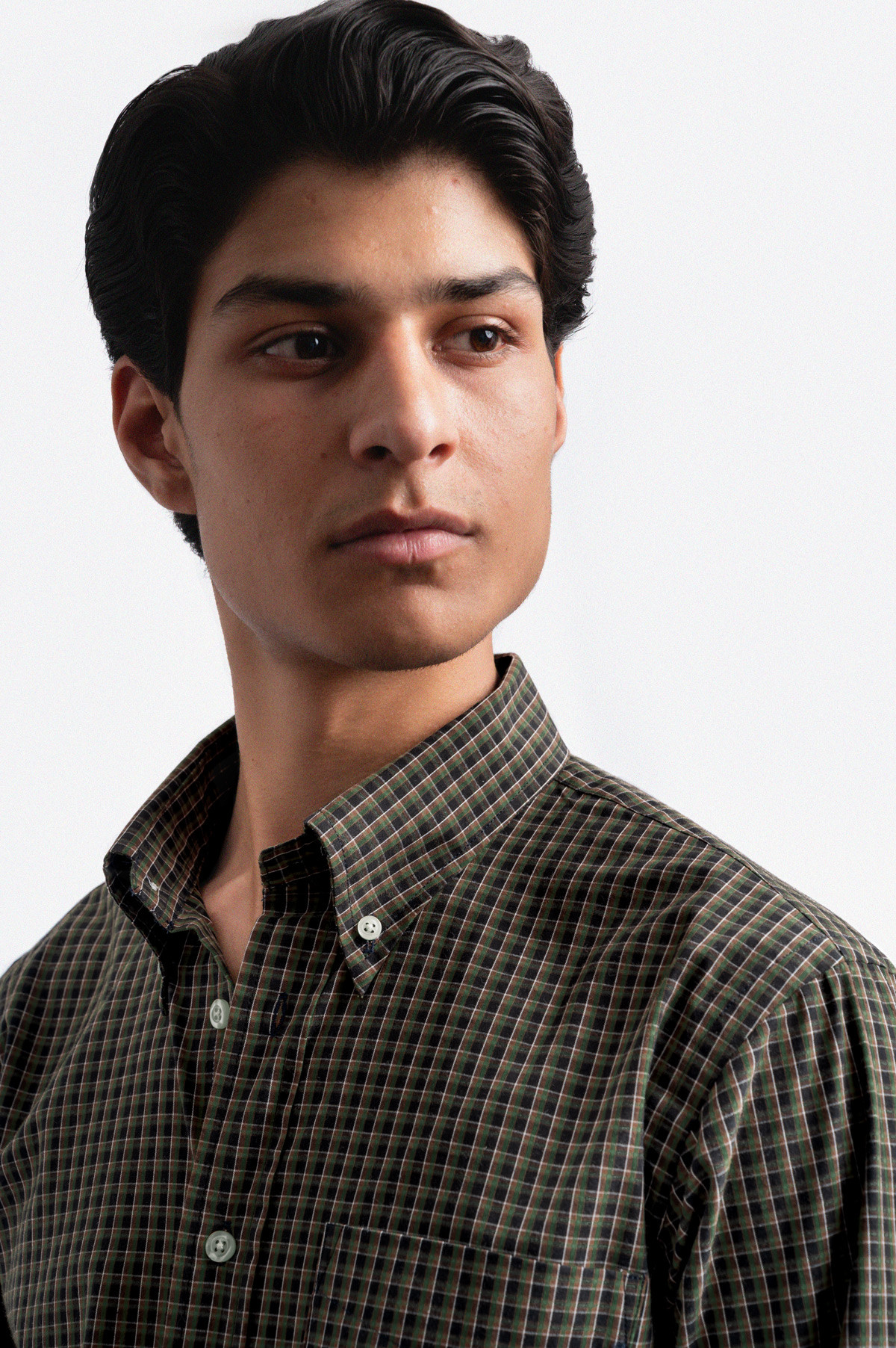 140S BLACK OLIVE MULTI PIN CHECK COTTON POPLIN SHIRT