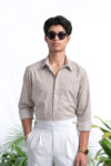 140s LUXURY BROWN WHITE POPLIN BUSINESS STRIPED SHIRT