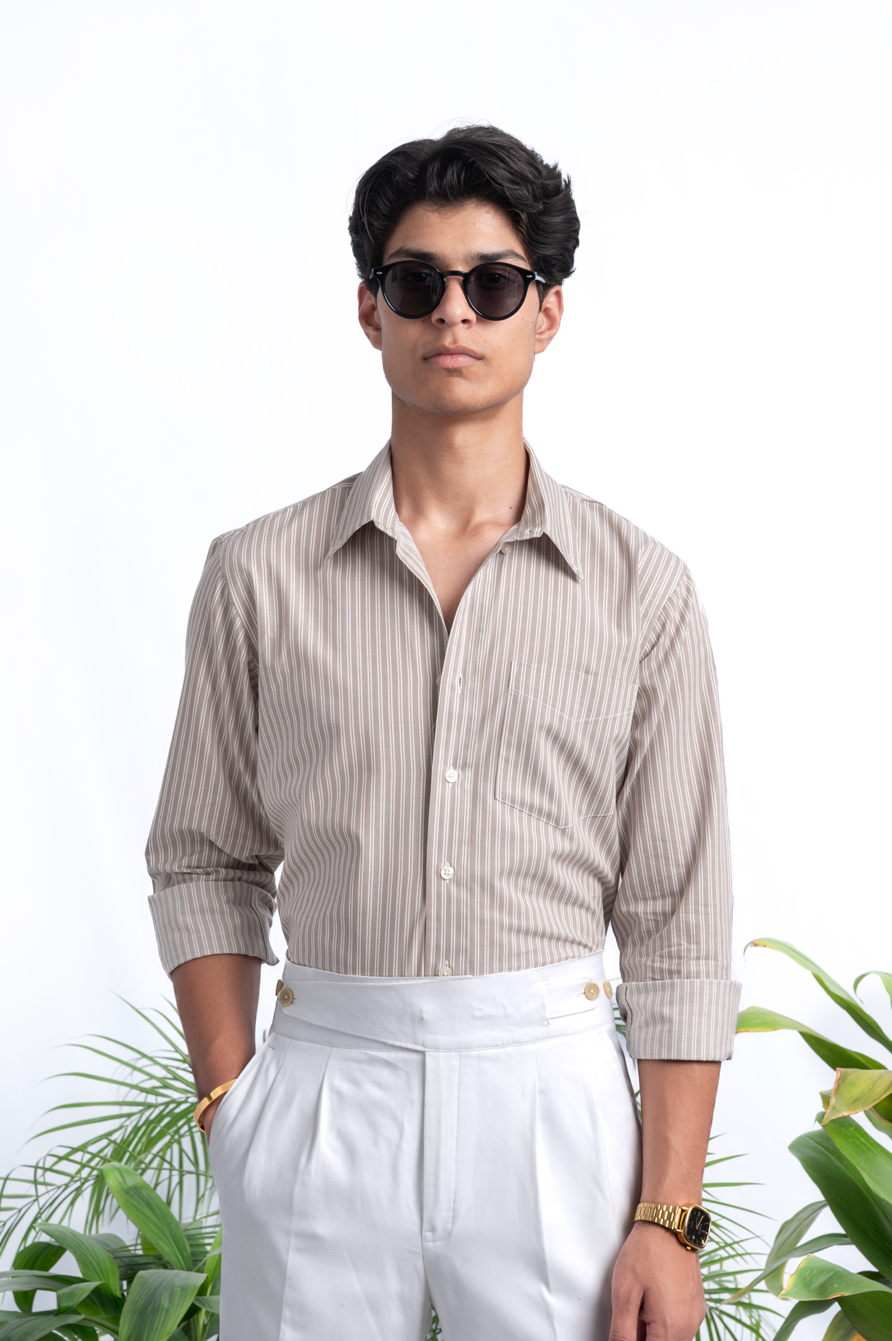 140s LUXURY BROWN WHITE POPLIN BUSINESS STRIPED SHIRT