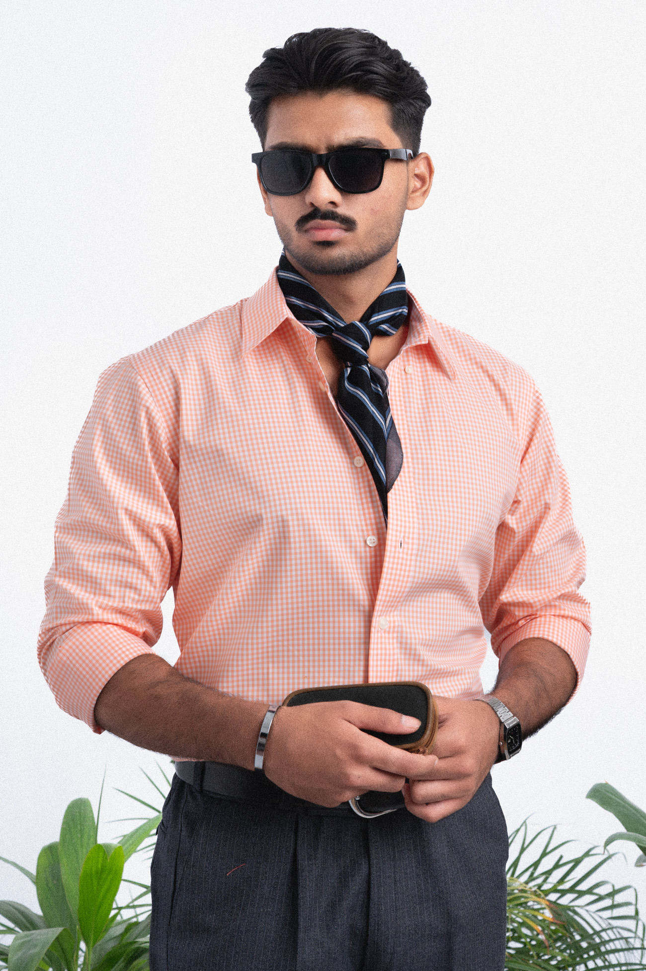 140S ORANGE CEO GINGHAM CHECK COTTON POPLIN SHIRT