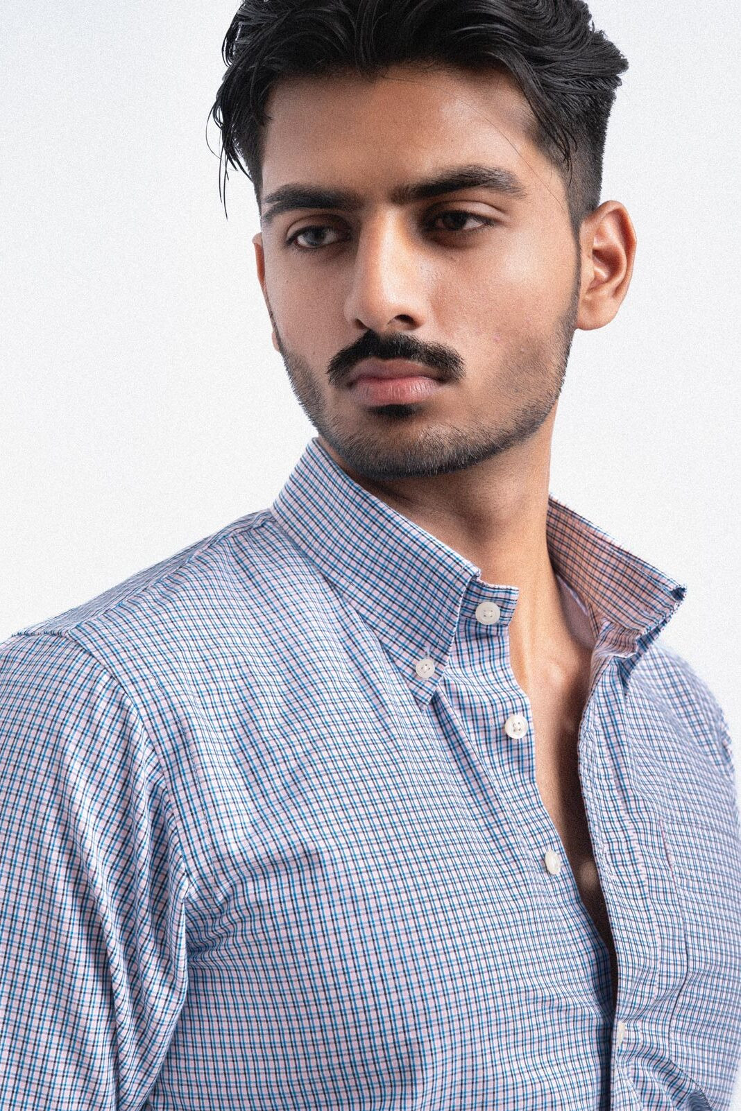 140S BLUE PINK MULTI PIN CHECK COTTON POPLIN SHIRT