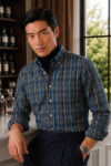 140S COTTON POPLIN GREEN BLUE PLAID CHECK SHIRT