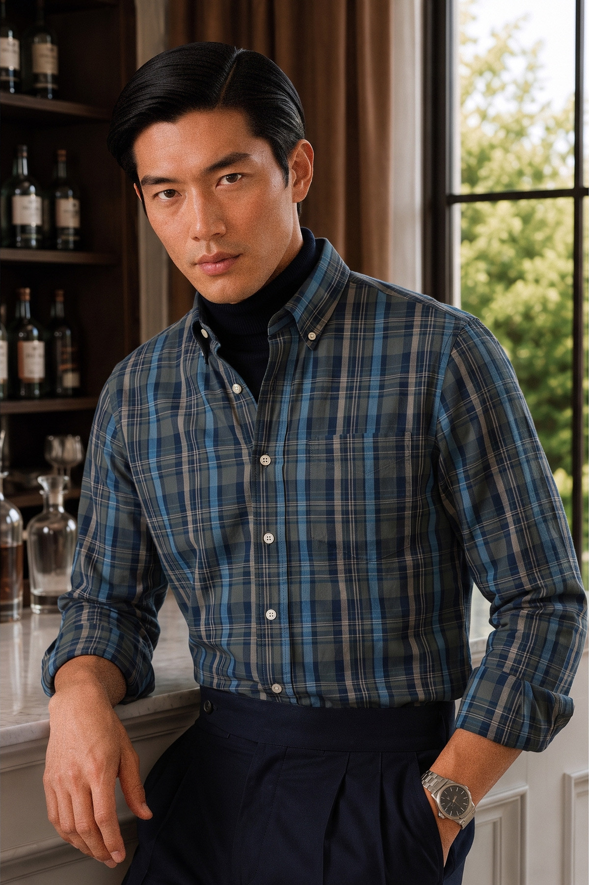 140S COTTON POPLIN GREEN BLUE PLAID CHECK SHIRT