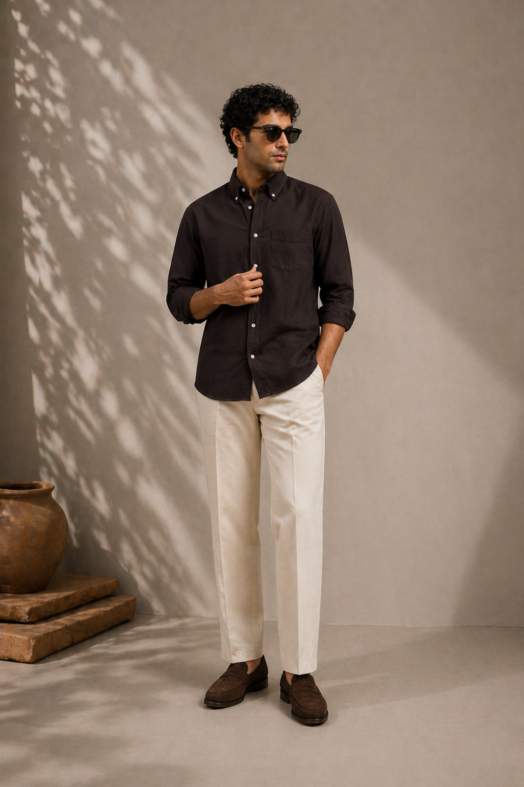 140s DARK BROWN SUMMER SUPIMA COTTON POPLIN PLAIN SHIRT