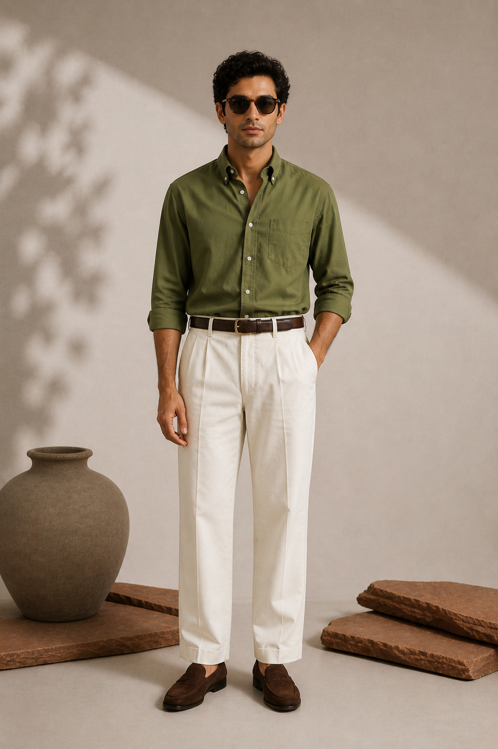140s OLIVE SUMMER SUPIMA COTTON POPLIN PLAIN SHIRT