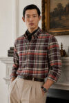 120S COTTON OXFORD BROWN ORANGE PLAID CHECK SHIRT