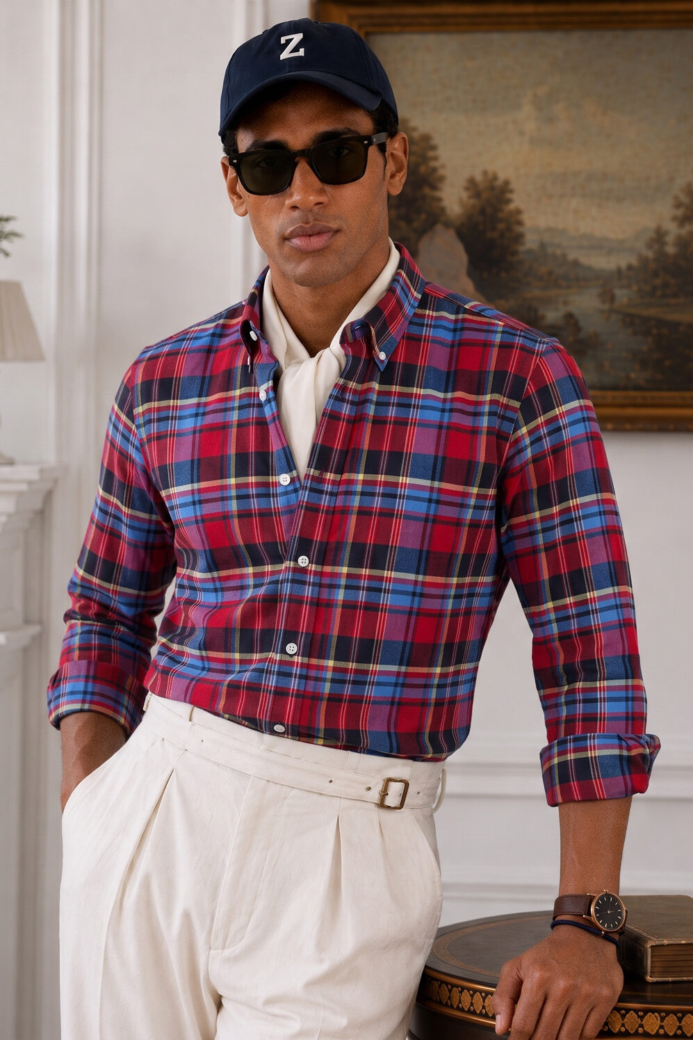 120S COTTON OXFORD BLUE RED PLAID CHECK SHIRT