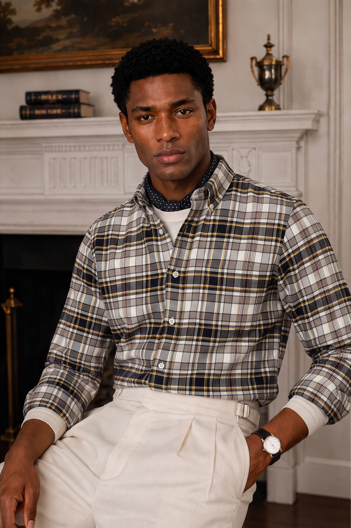 120S COTTON OXFORD CREAM BLACK PLAID CHECK SHIRT