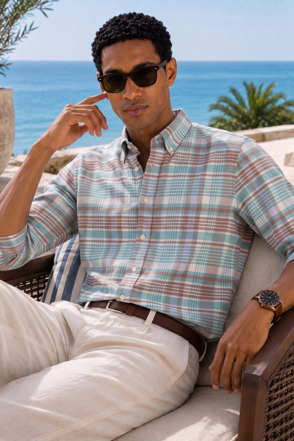 120S COTTON OXFORD BEACH GREEN PLAID CHECK SHIRT