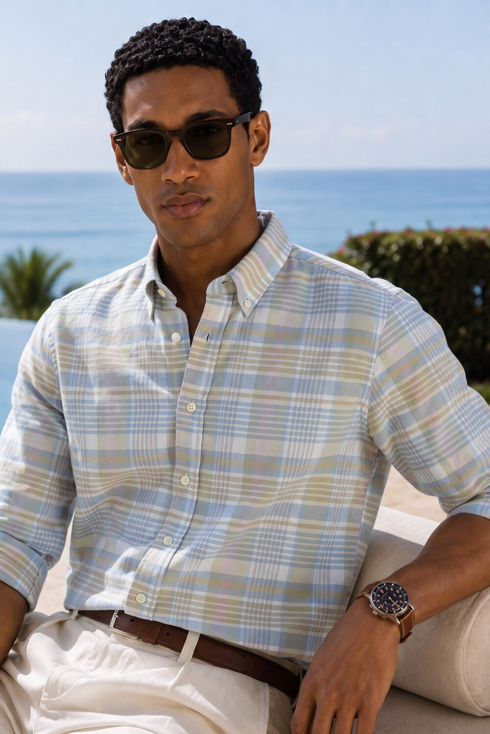 120S COTTON OXFORD MUTED OLIVE PLAID CHECK SHIRT
