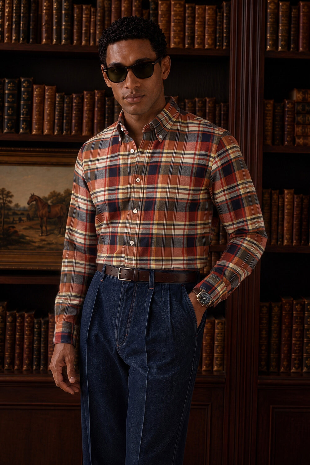 120S COTTON OXFORD ORANGE PLAID CHECK SHIRT