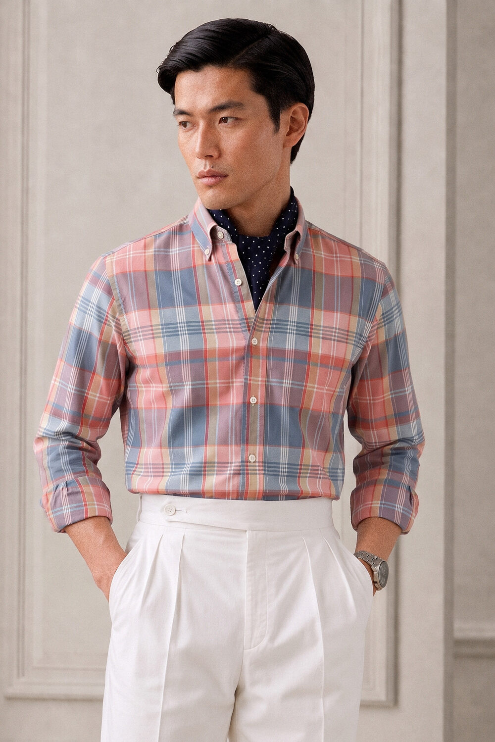 140S COTTON POPLIN SALMON RED PLAID CHECK SHIRT