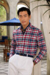 120S COTTON OXFORD WHITE RED PLAID CHECK SHIRT