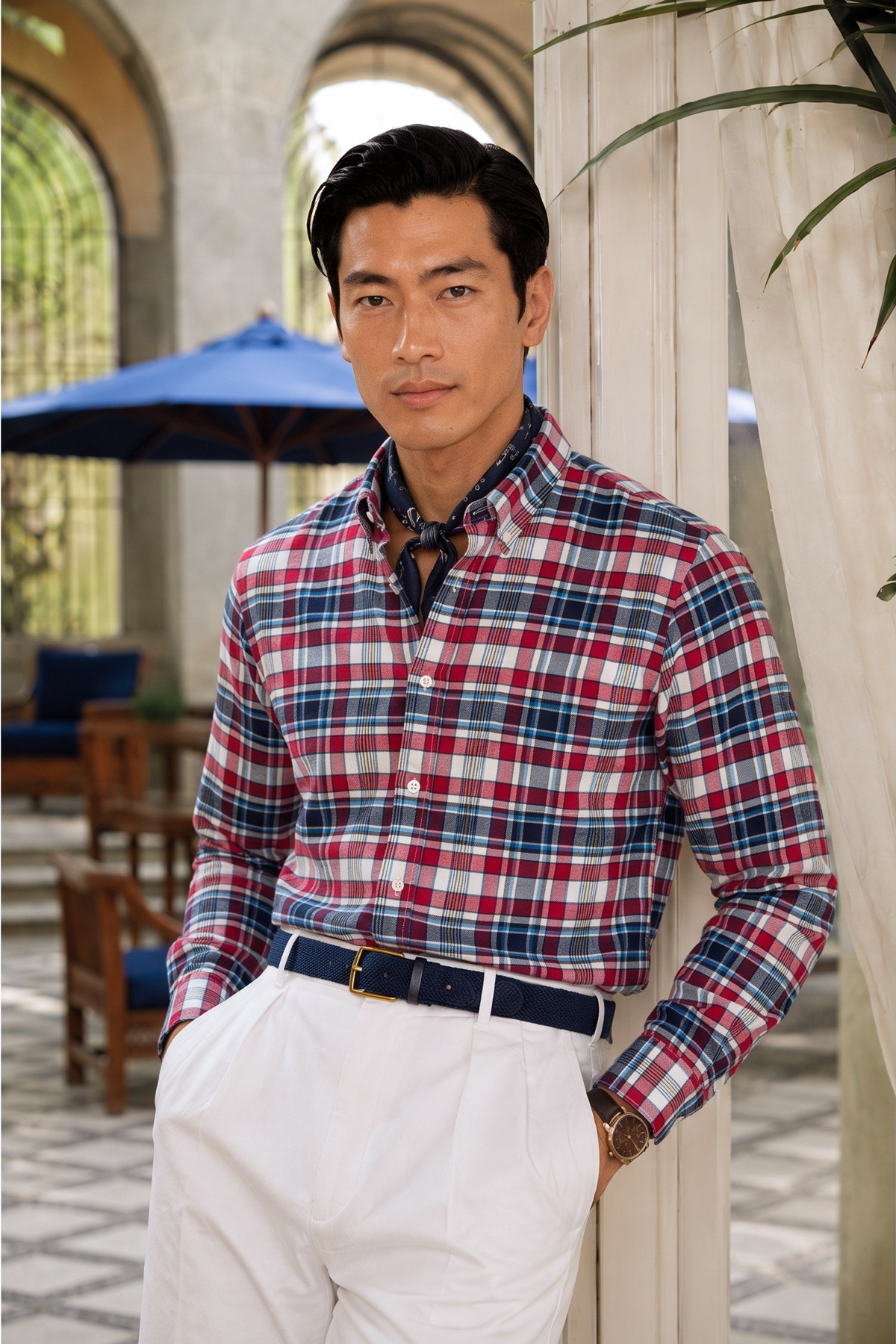120S COTTON OXFORD WHITE RED PLAID CHECK SHIRT